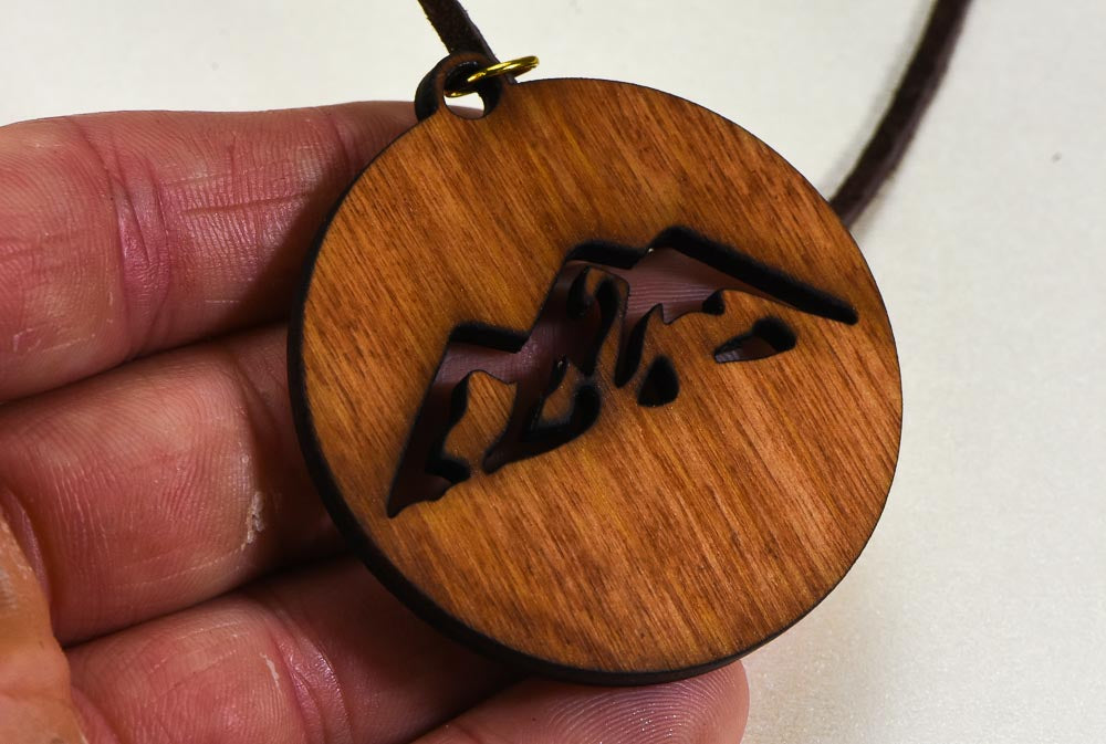 Laser Engraved Necklace "Mountain Scene"  Birch Wood w/ 30 in. Leather Strap
