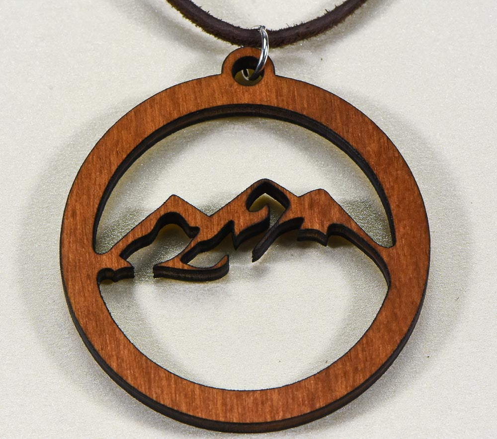 Laser Engraved Necklace "Mountain Scene"  Birch Wood w/ 30 in. Leather Strap