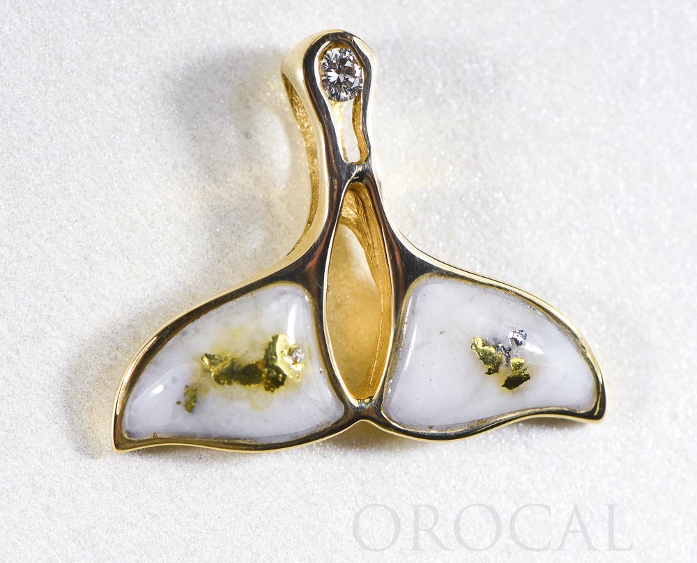 Gold Quartz Whale Tail Pendant  "Orocal" PWT26DQX Genuine Hand Crafted Jewelry - 14K Gold Yellow Gold Casting