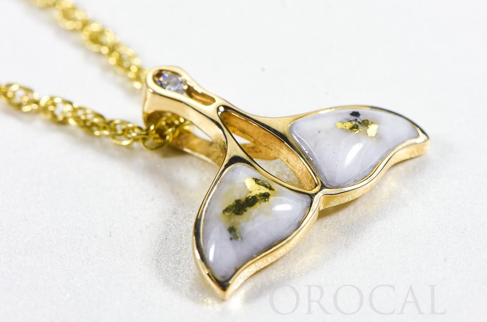 Gold Quartz Whale Tail Pendant  "Orocal" PWT26DQX Genuine Hand Crafted Jewelry - 14K Gold Yellow Gold Casting
