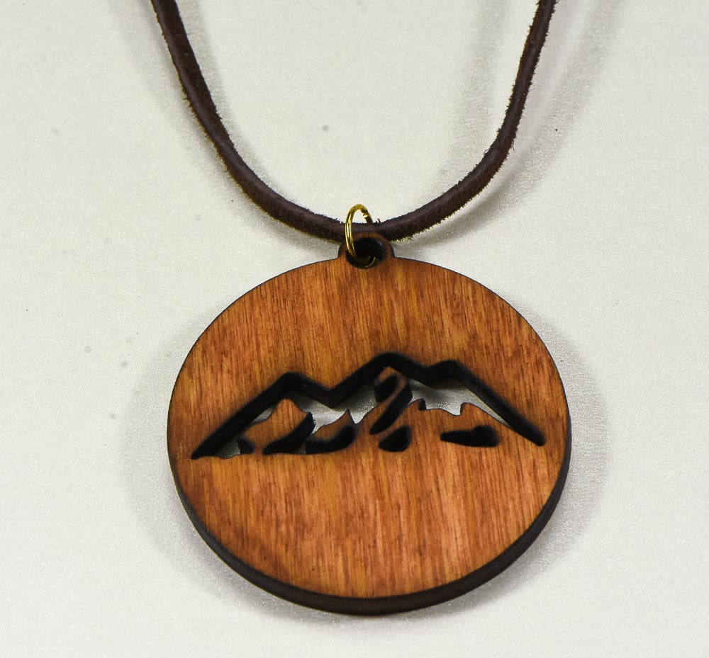 Laser Engraved Necklace "Mountain Scene"  Birch Wood w/ 30 in. Leather Strap