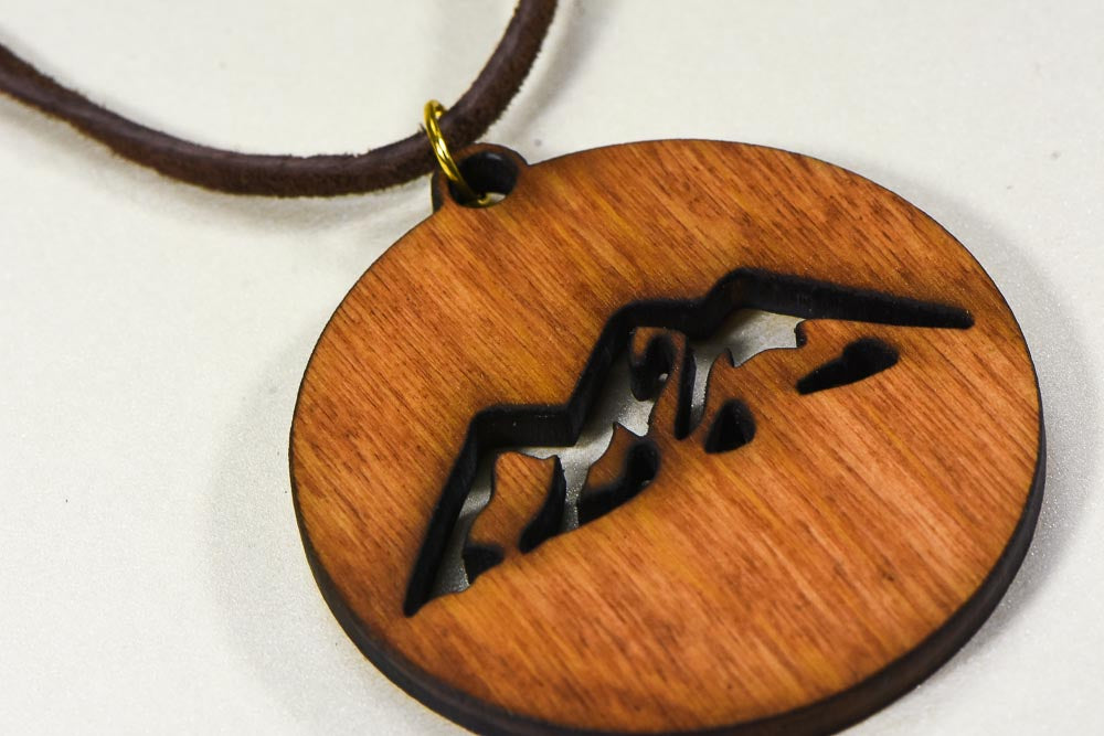 Laser Engraved Necklace "Mountain Scene"  Birch Wood w/ 30 in. Leather Strap