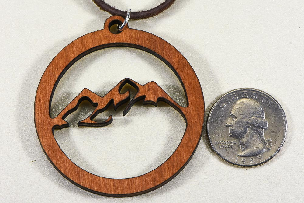 Laser Engraved Necklace "Mountain Scene"  Birch Wood w/ 30 in. Leather Strap